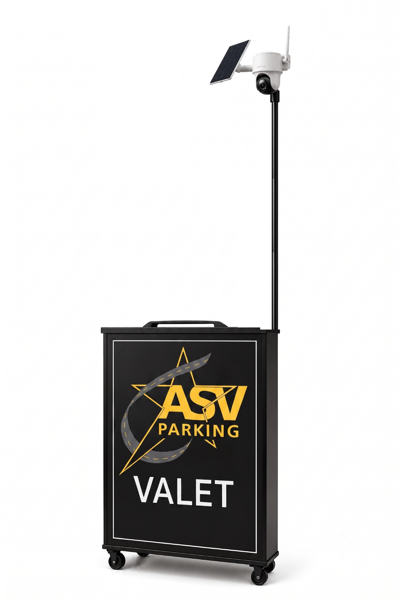 Reolink Go PT Ultra camera and solar panel mounted above an ASV Parking valet stand